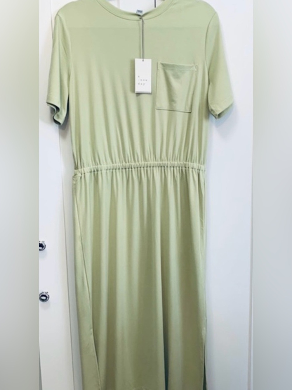 Green Short Sleeve Gather Waist Midi Dress Sz Large NEW!